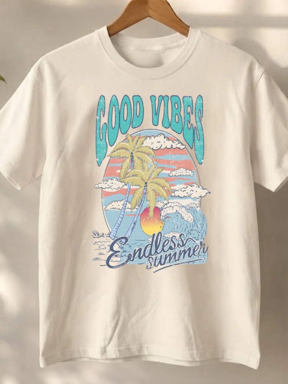 Off-White Tee with Turquoise, Yellow & Coral 'Good Vibes' Graphic | Smmer